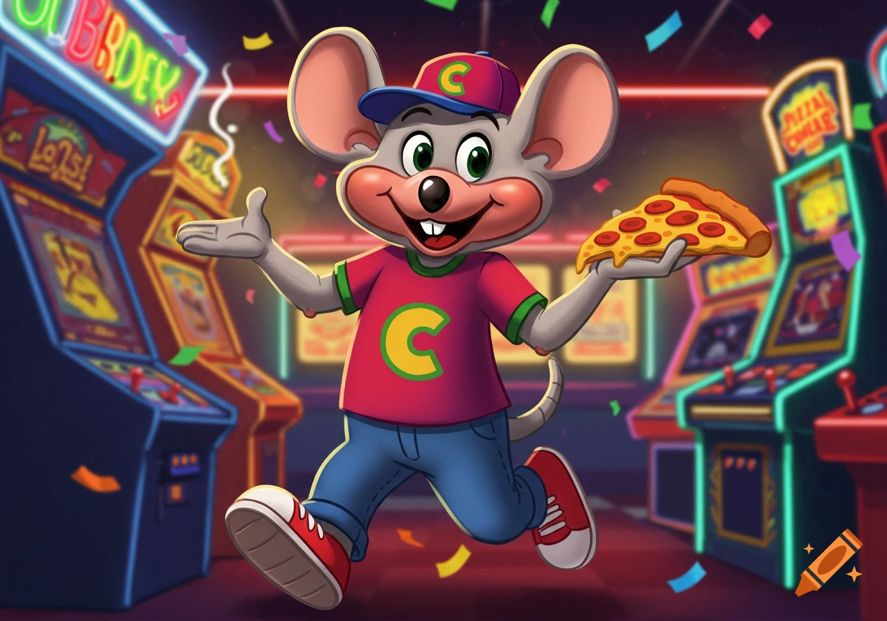 Chuck E. Cheese, a cheerful grey mouse wearing a red shirt, blue jeans, and a baseball cap, holds a slice of pizza in an arcade.