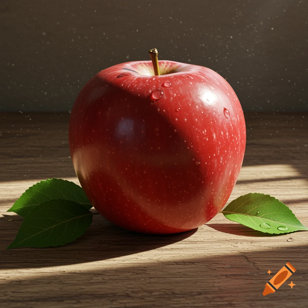A photorealistic image of a red apple with water droplets and two green leaves on a wooden surface, bathed in sunlight.