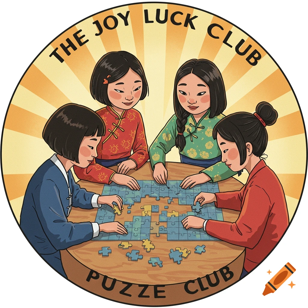 A round logo with four Asian women doing a jigsaw puzzle. Text reads 'THE JOY LUCK CLUB PUZZE CLUB' in an illustrative style.
