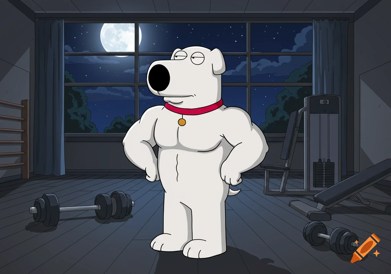 Brian from Family Guy flexing his muscles in a moonlit gymnasium, cartoon style.