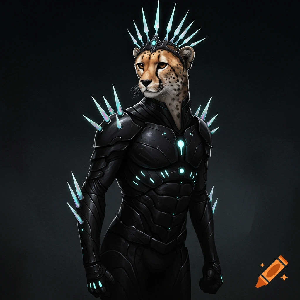 A cheetah in sleek black futuristic armor with glowing blue spikes and a matching crown stands against a dark background.