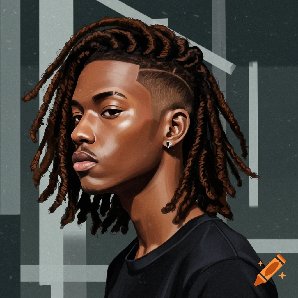 A stylized digital art portrait of a person with brown dreadlocks, a mid fade, and a clean shape-up.
