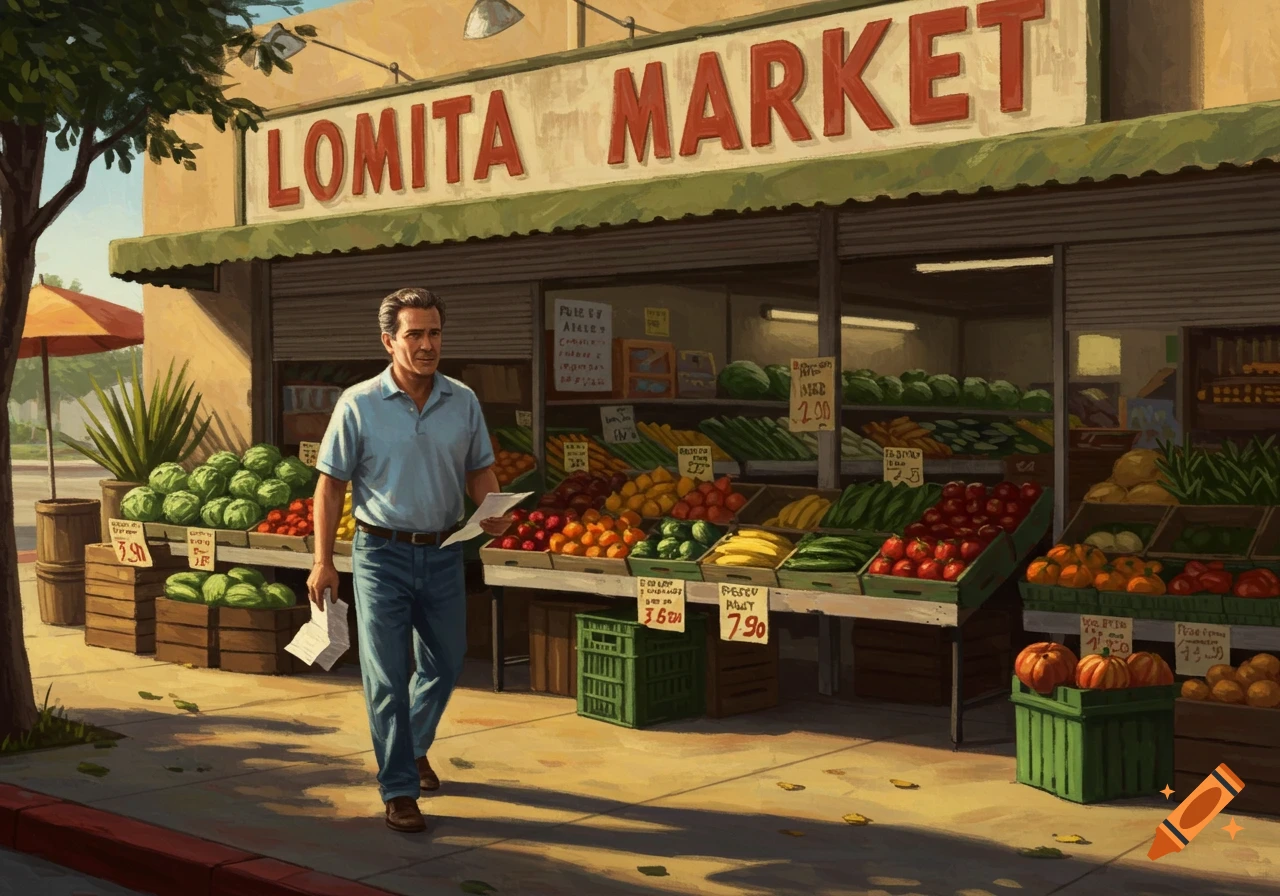 A man in a light blue polo shirt walks past a vibrant outdoor produce market with a 'Lomita Market' sign, in a painted style.