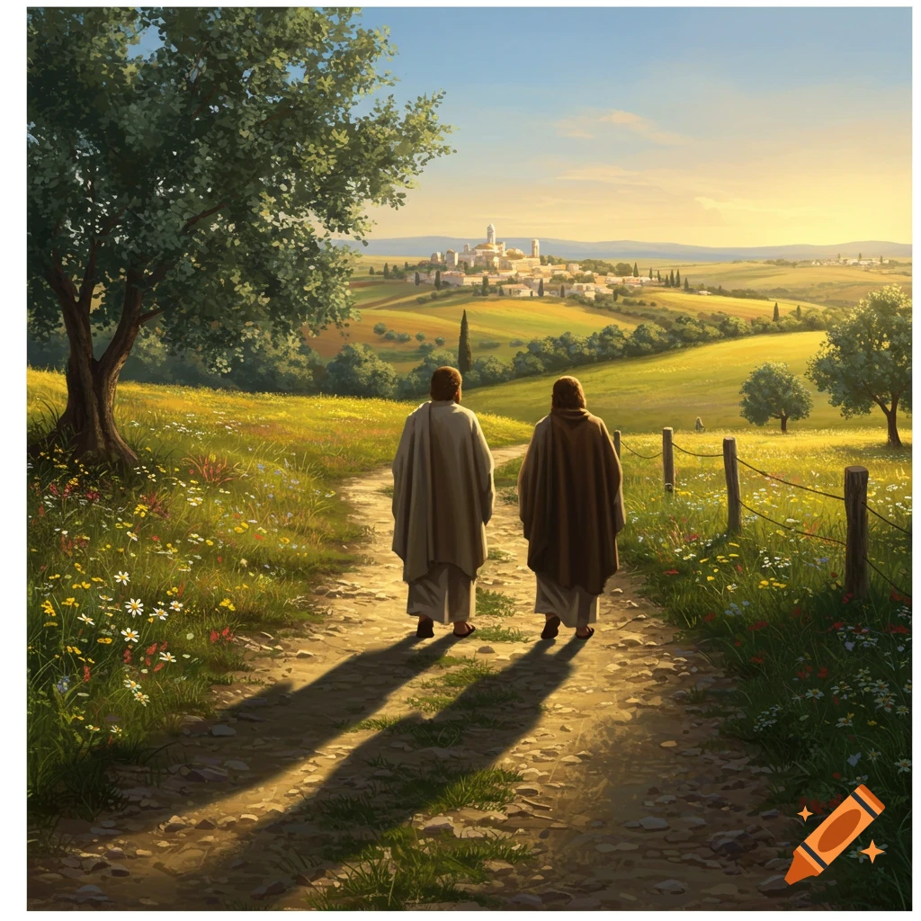 Two cloaked figures walk on a dirt path through a hilly, wildflower-filled landscape towards a distant town under a sunset sky. Painted style.