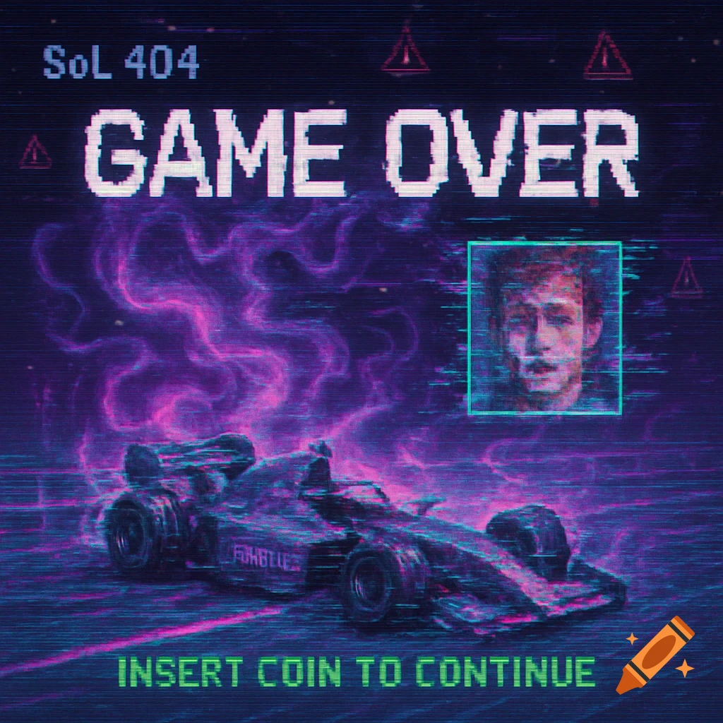 Pixel art 'GAME OVER' screen with a crashed race car, a glitched portrait, purple smoke, and 'INSERT COIN TO CONTINUE' text in a vaporwave style.