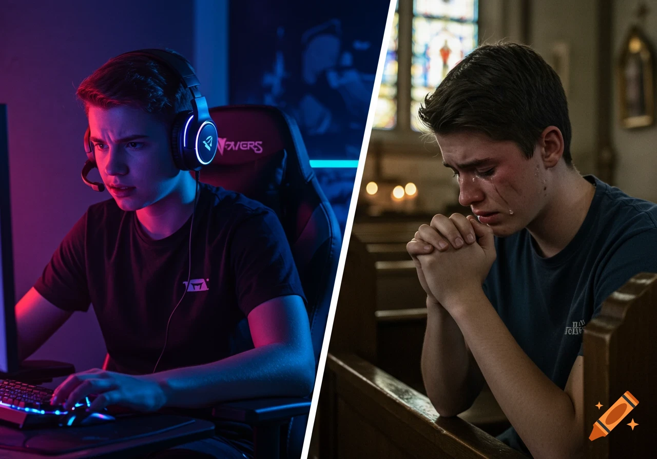 Split image: A teenage boy gaming with RGB lights on the left, and the same boy crying in a church pew on the right, in a photorealistic style.