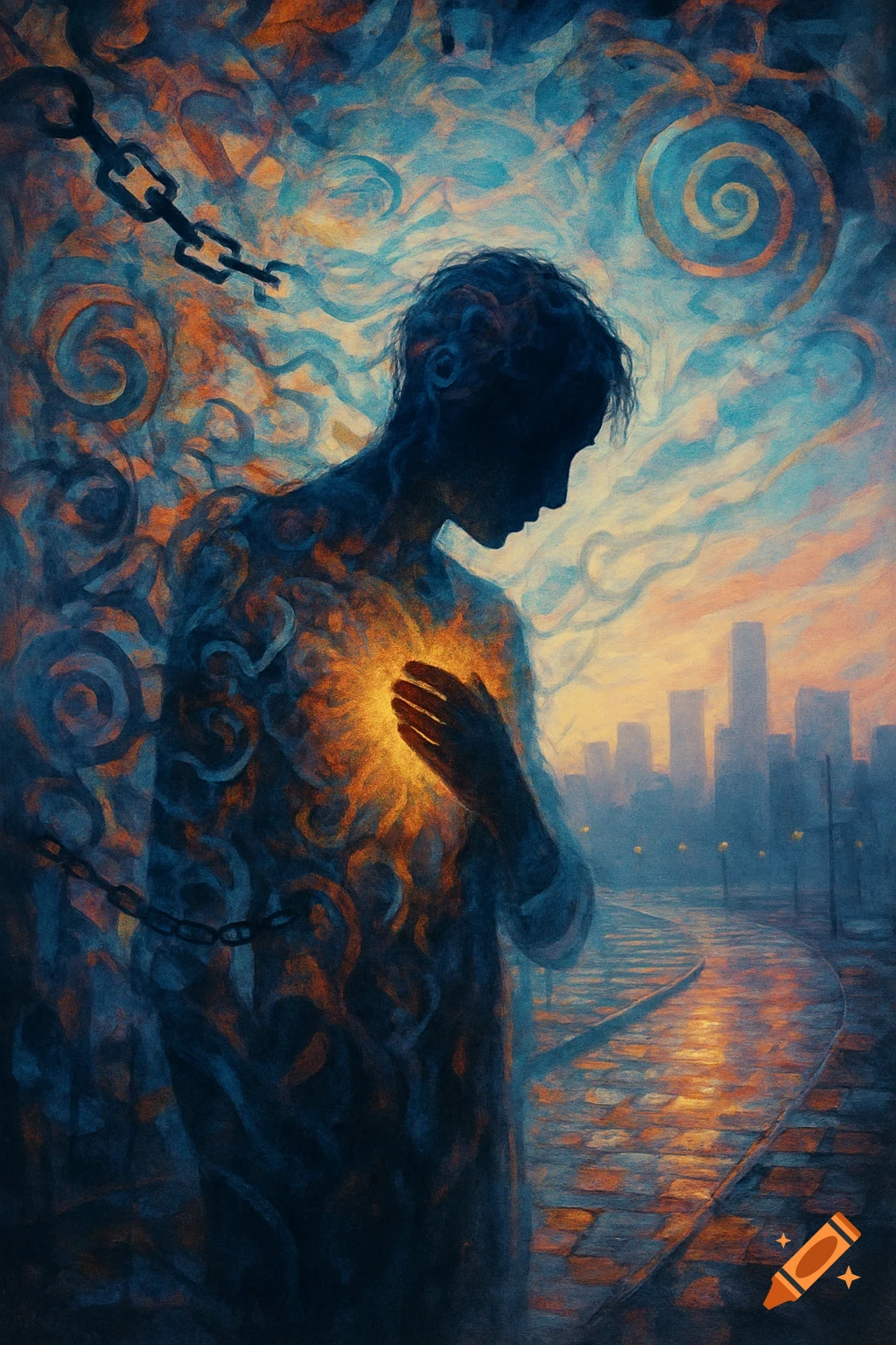 Abstract painting of a person's silhouette with a glowing chest, surrounded by swirling patterns and chains, against an urban sunset.