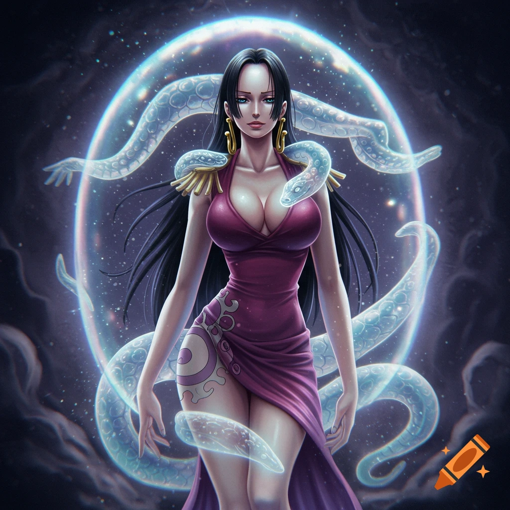 Anime illustration of Boa Hancock in a purple dress, surrounded by glowing blue snakes and a stasis field.