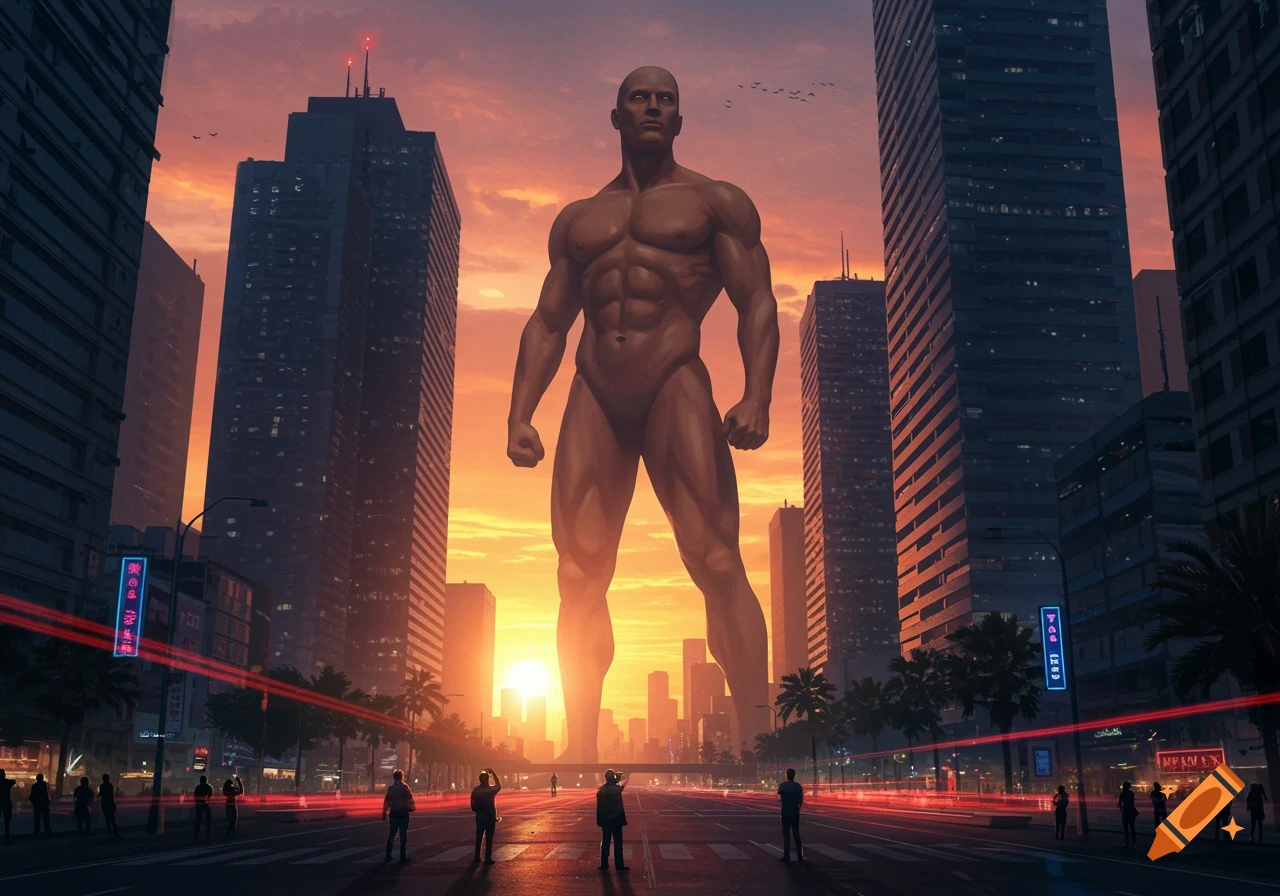 A photorealistic image of a colossal bald, muscular man standing in a city street at sunset, dwarfing surrounding skyscrapers as small figures gaze up at him.