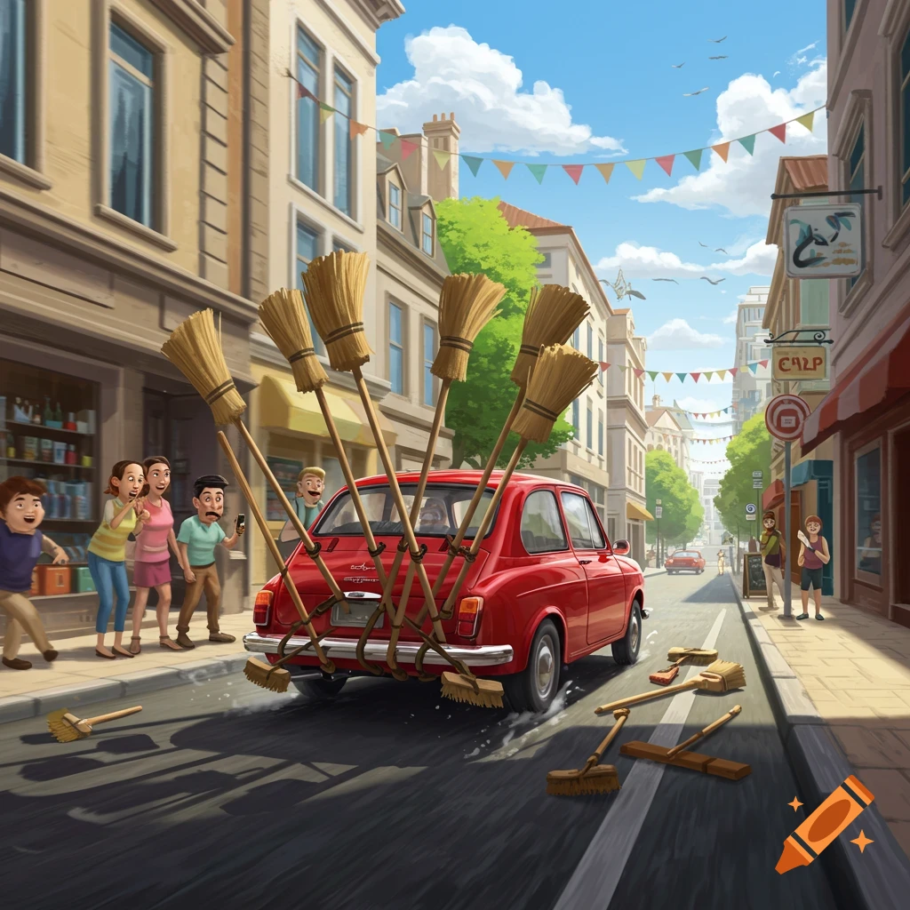 Comical illustration of a red car with brooms tied to its back bumper speeding down a city street, past surprised onlookers.