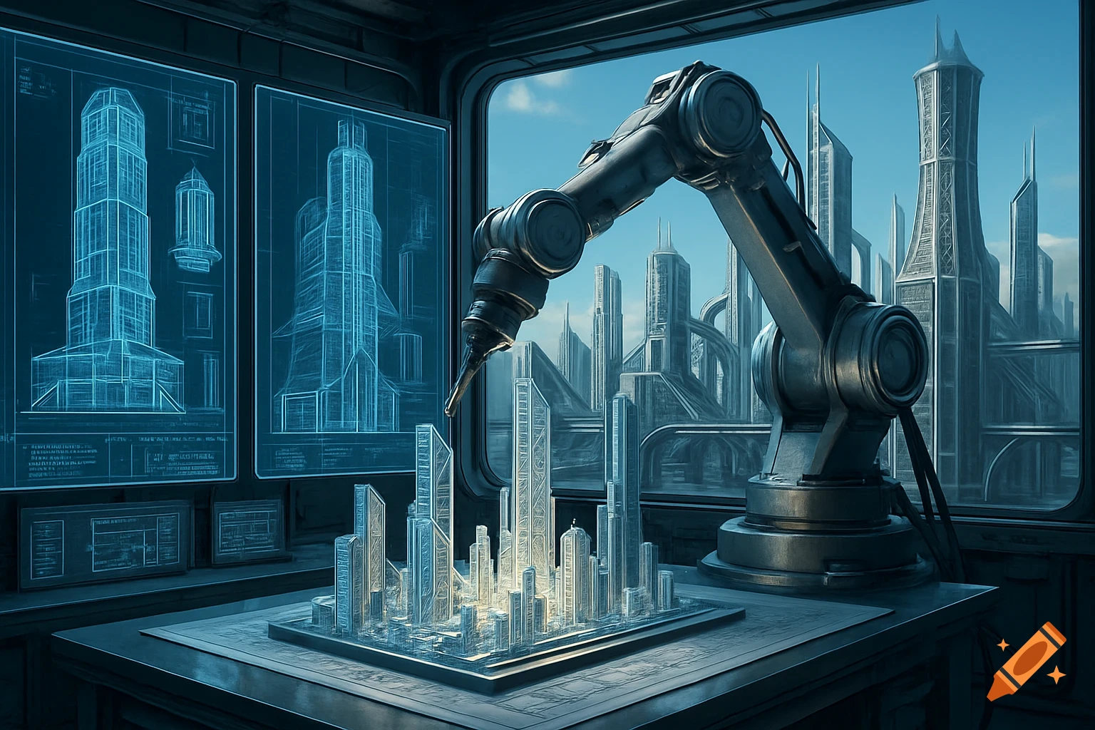 A robotic arm constructing a futuristic cityscape model, with digital blueprints on screens in a high-tech control room.