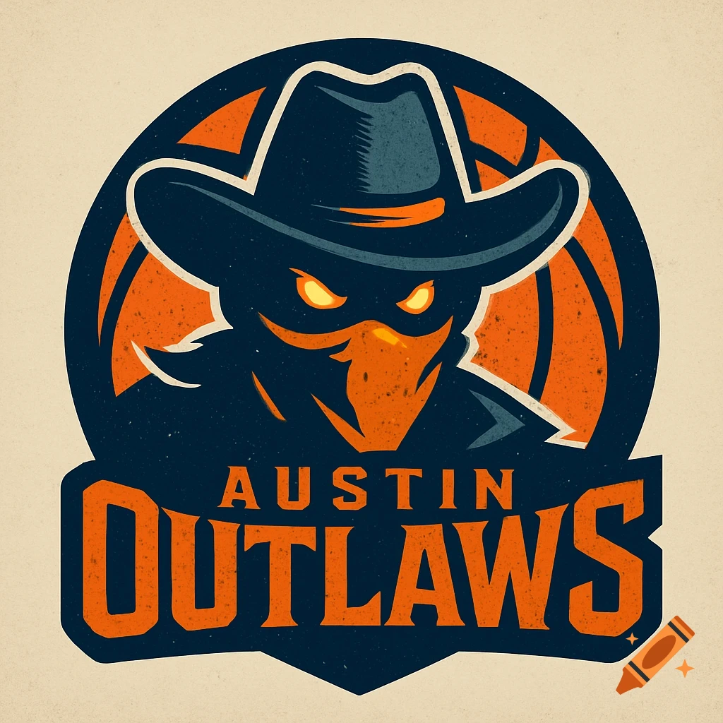 Stylized logo of a masked cowboy with glowing eyes for the Austin Outlaws basketball team.
