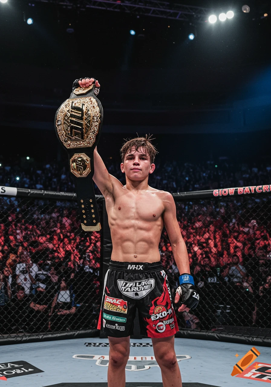 A young male MMA fighter stands shirtless in an octagon, raising a championship belt, with a blurred crowd in the background.
