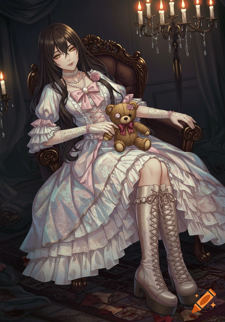 An anime-style woman with long dark hair and golden eyes sits in an ornate chair, wearing an iridescent white and pink ruffled gothic gown, lace gloves, and high lace-up boots. She holds a teddy bear with a button eye. A candelabra illuminates the dark room.