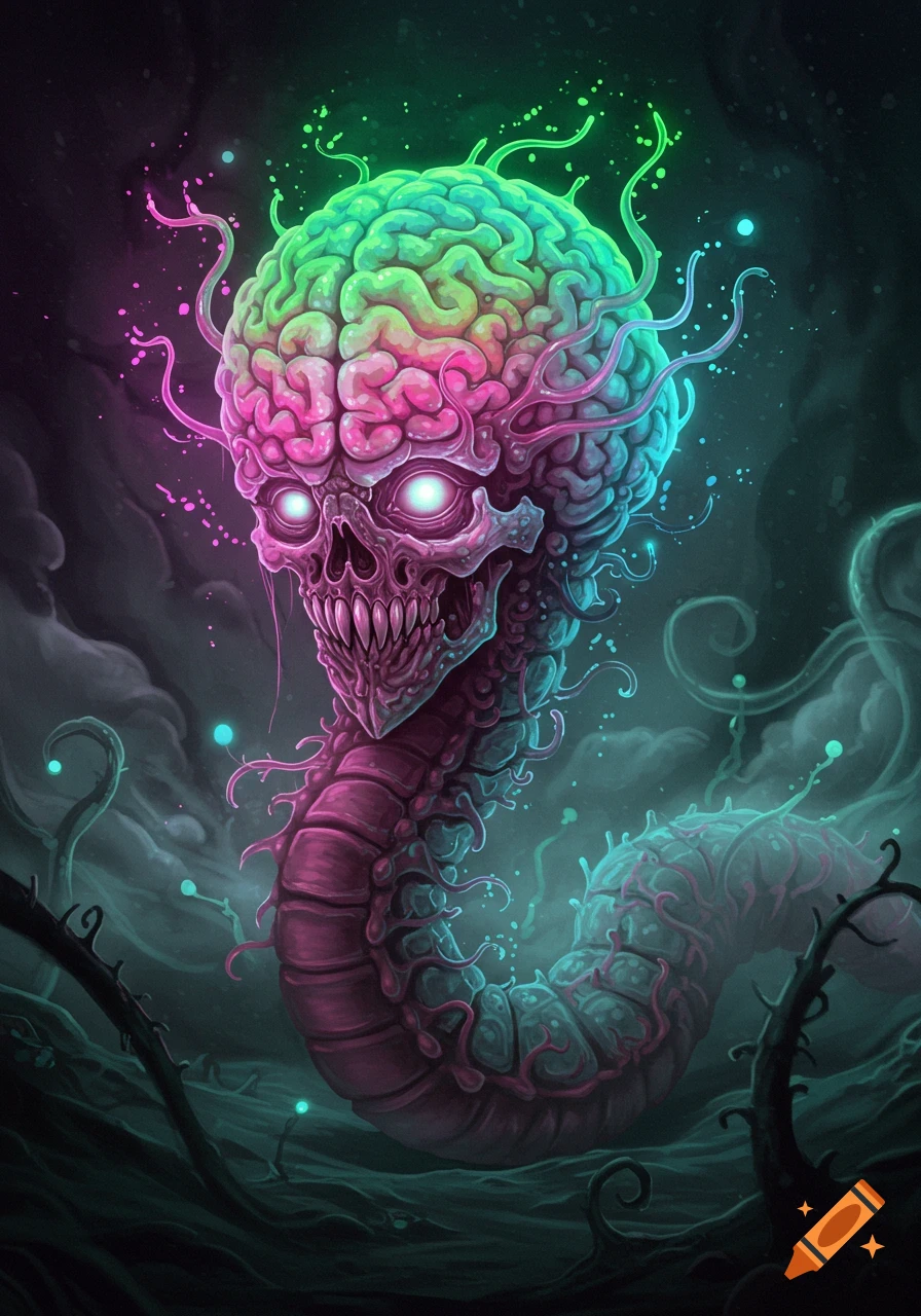 A vibrant, neon-colored monster with a large brain for a head, glowing eyes, a skull-like face, and a segmented worm body, against a dark, misty background.