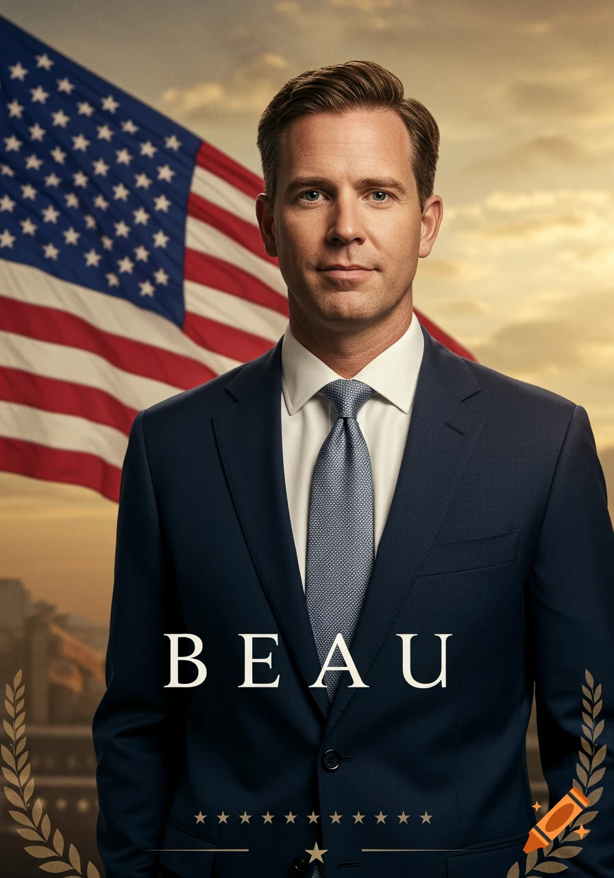 Photorealistic portrait of a man in a suit in front of an American flag with the name BEAU.