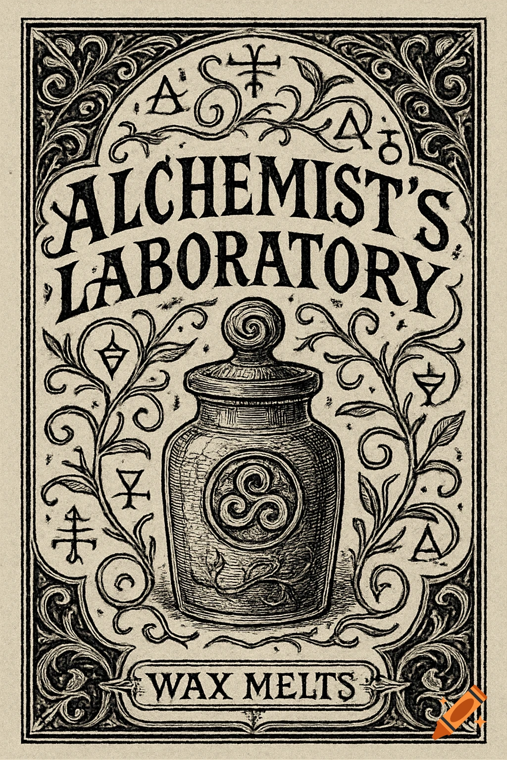 A vintage black and white label illustration for 'Alchemist's Laboratory Wax Melts,' featuring an ornate border and a jar.