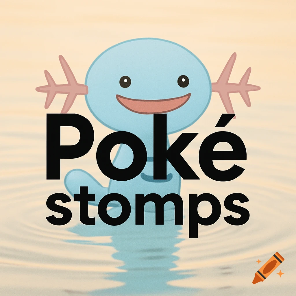 Simplistic logo featuring the Pokémon Wooper with the text 'Pok d stomps' in front, standing in water.
