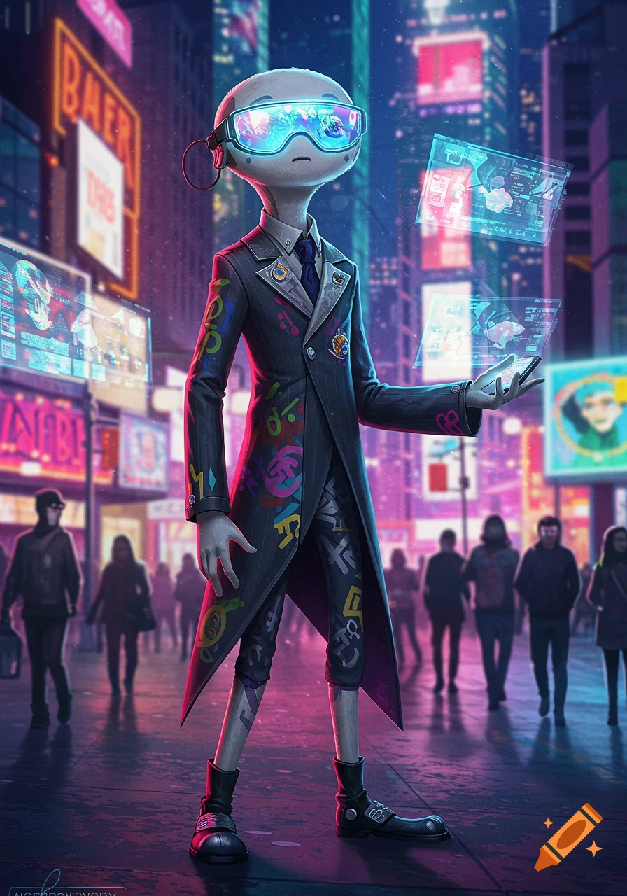 A stylized alien-like character in a futuristic trench coat and VR goggles stands on a neon-lit city street, interacting with floating holographic displays.