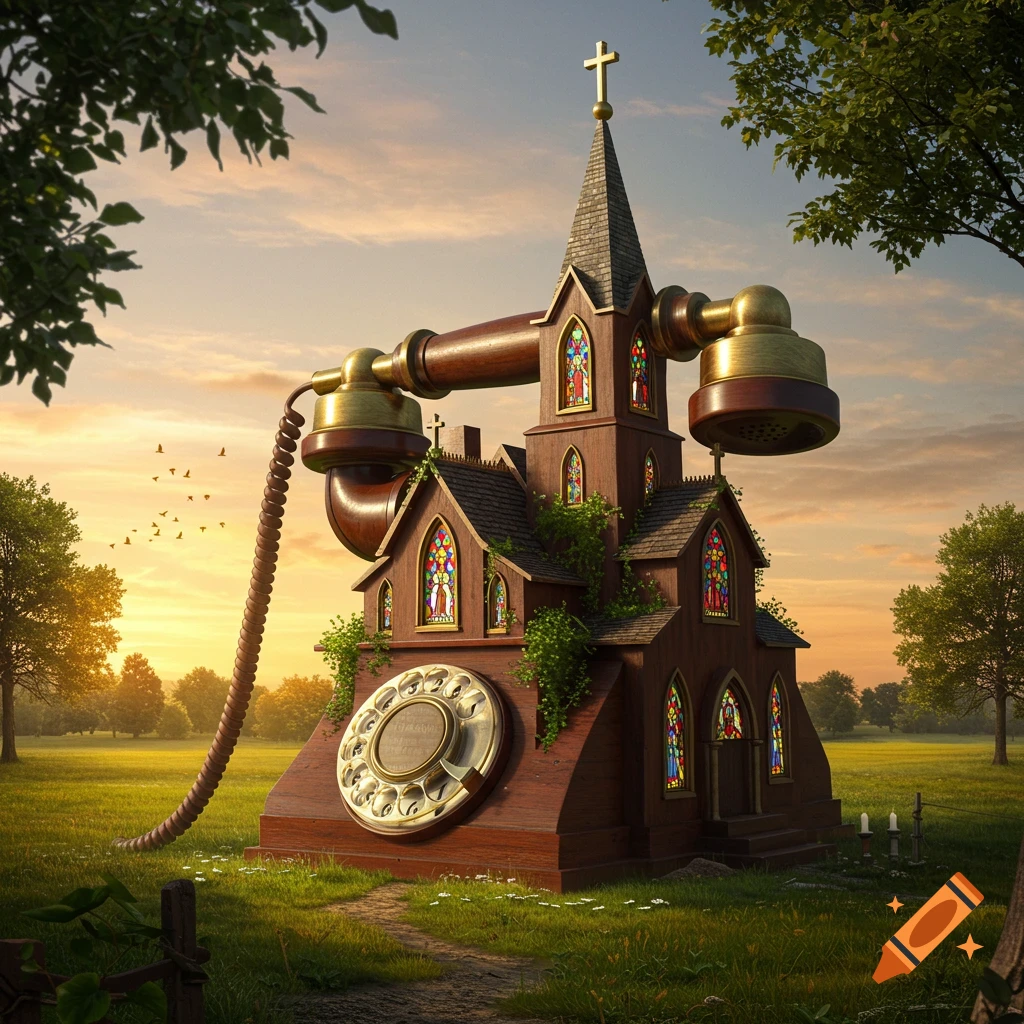 A large, photorealistic church constructed from a giant old rotary telephone sits in a sunny green field at sunset.