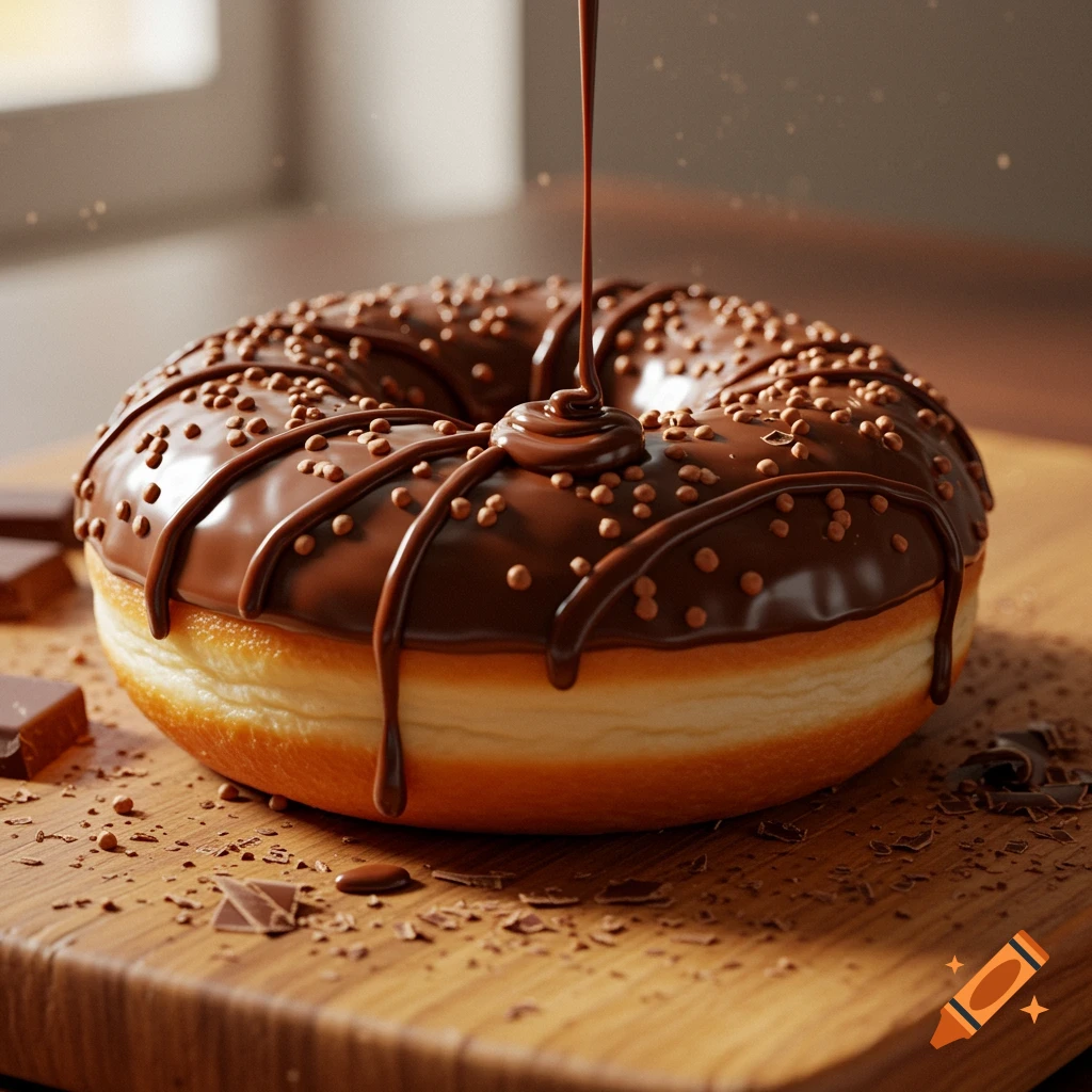 A photorealistic image of a chocolate frosted donut with sprinkles, with chocolate sauce being drizzled on top, on a wooden board.