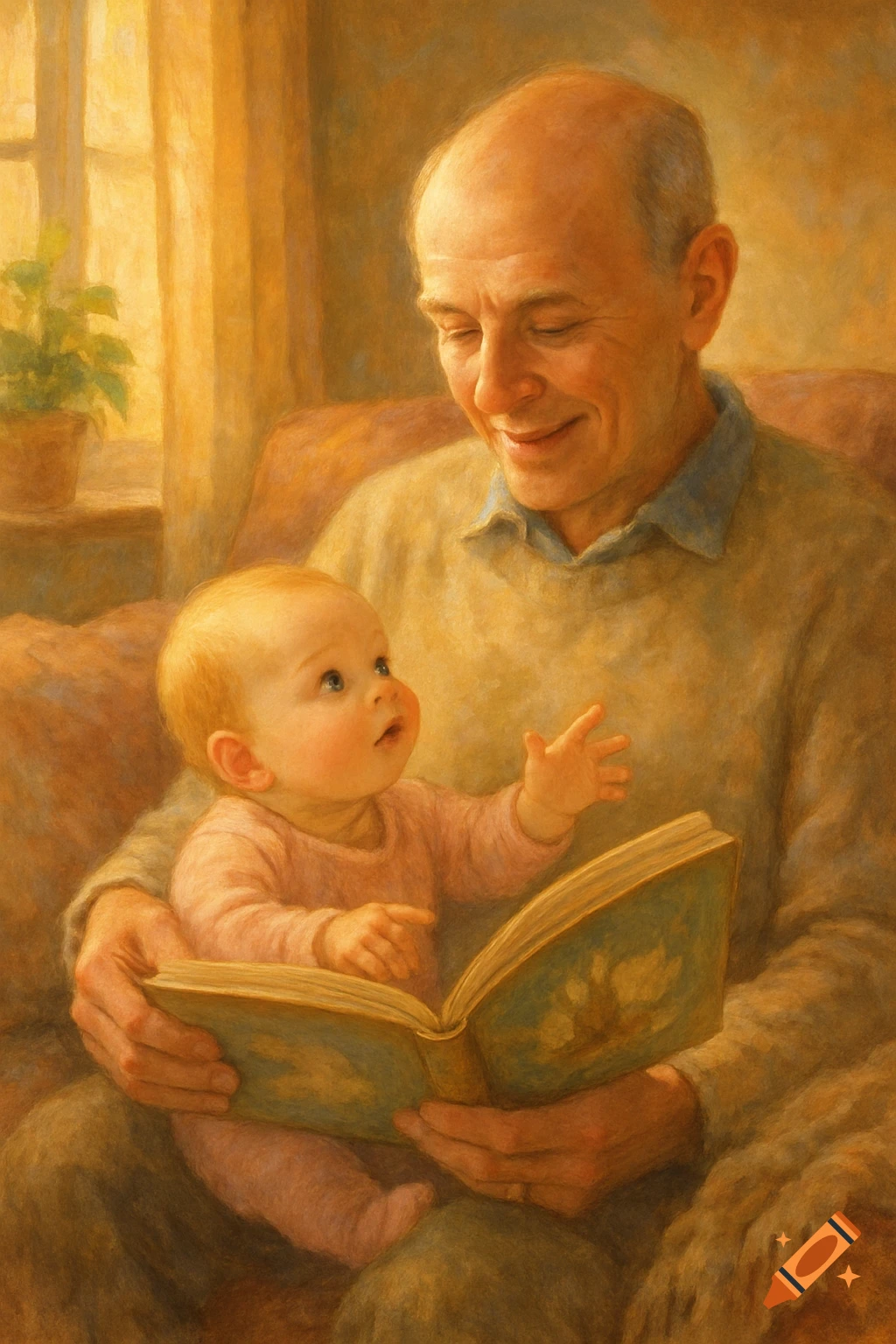 A smiling grandfather holds a baby in his lap, both looking at an open book with a warm, painterly aesthetic.