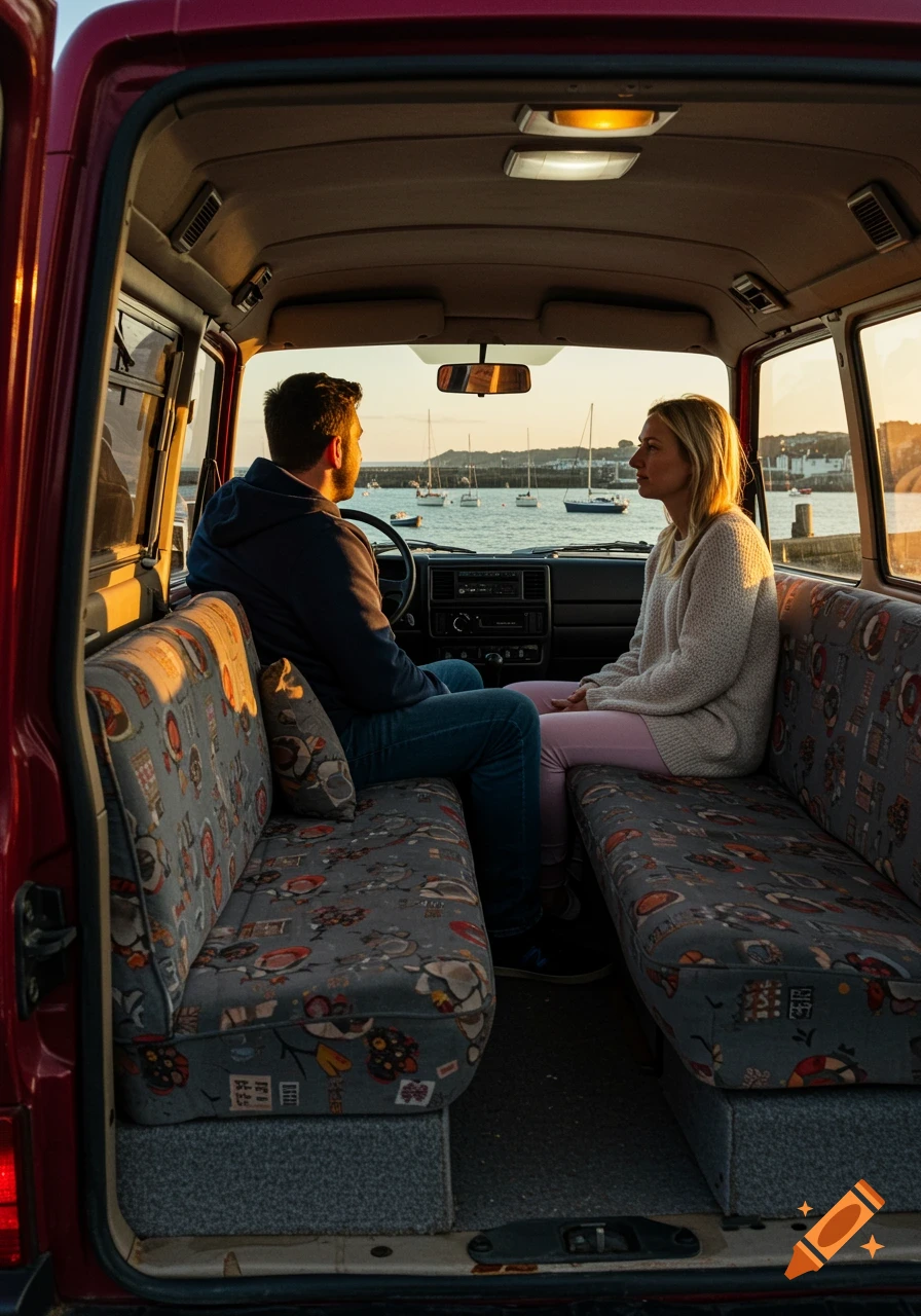 Two people sitting inside a red van, looking out at a harbor filled with boats at sunset.