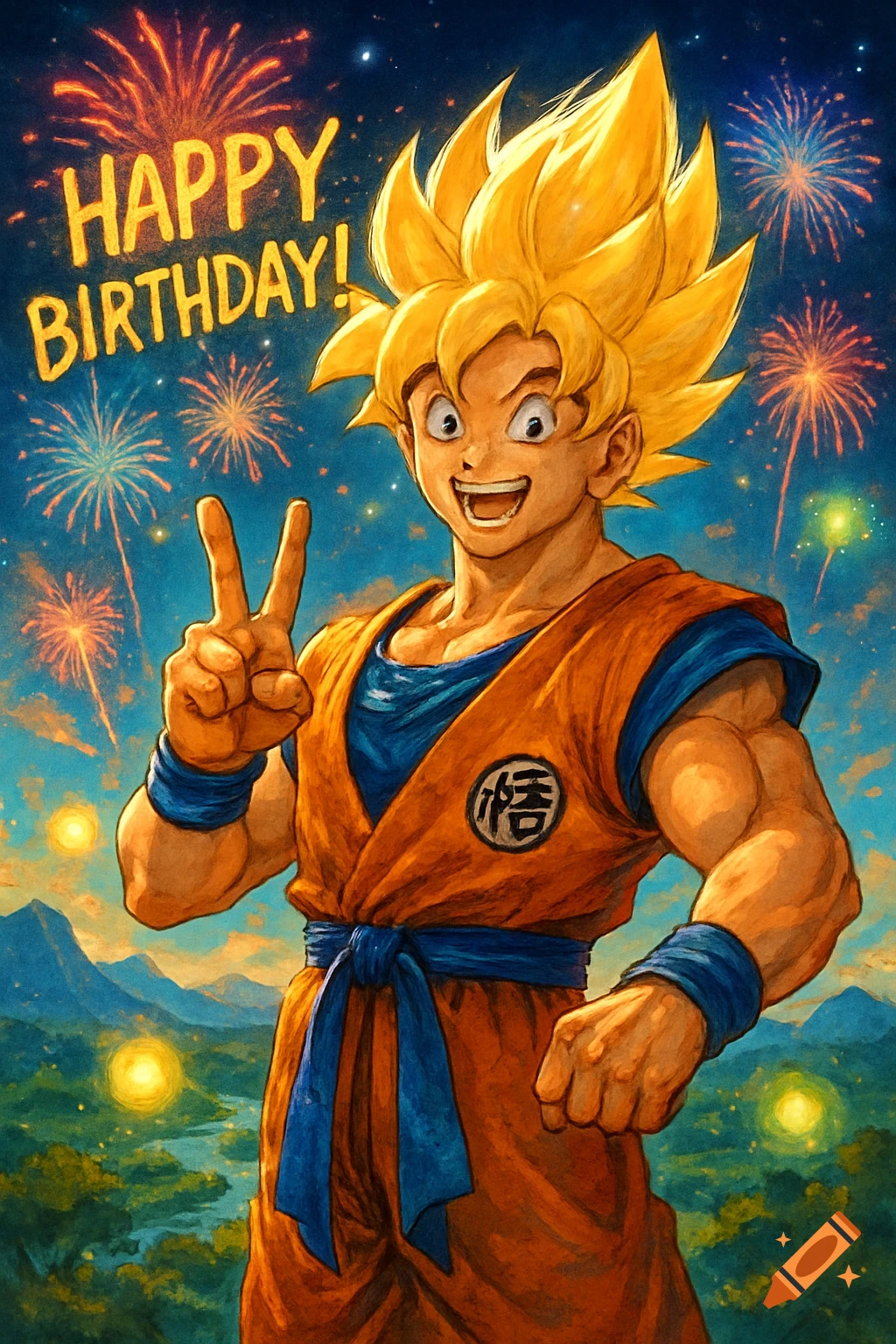 Goku in Super Saiyan form gives a peace sign, with "HAPPY BIRTHDAY!" text and fireworks in the background.