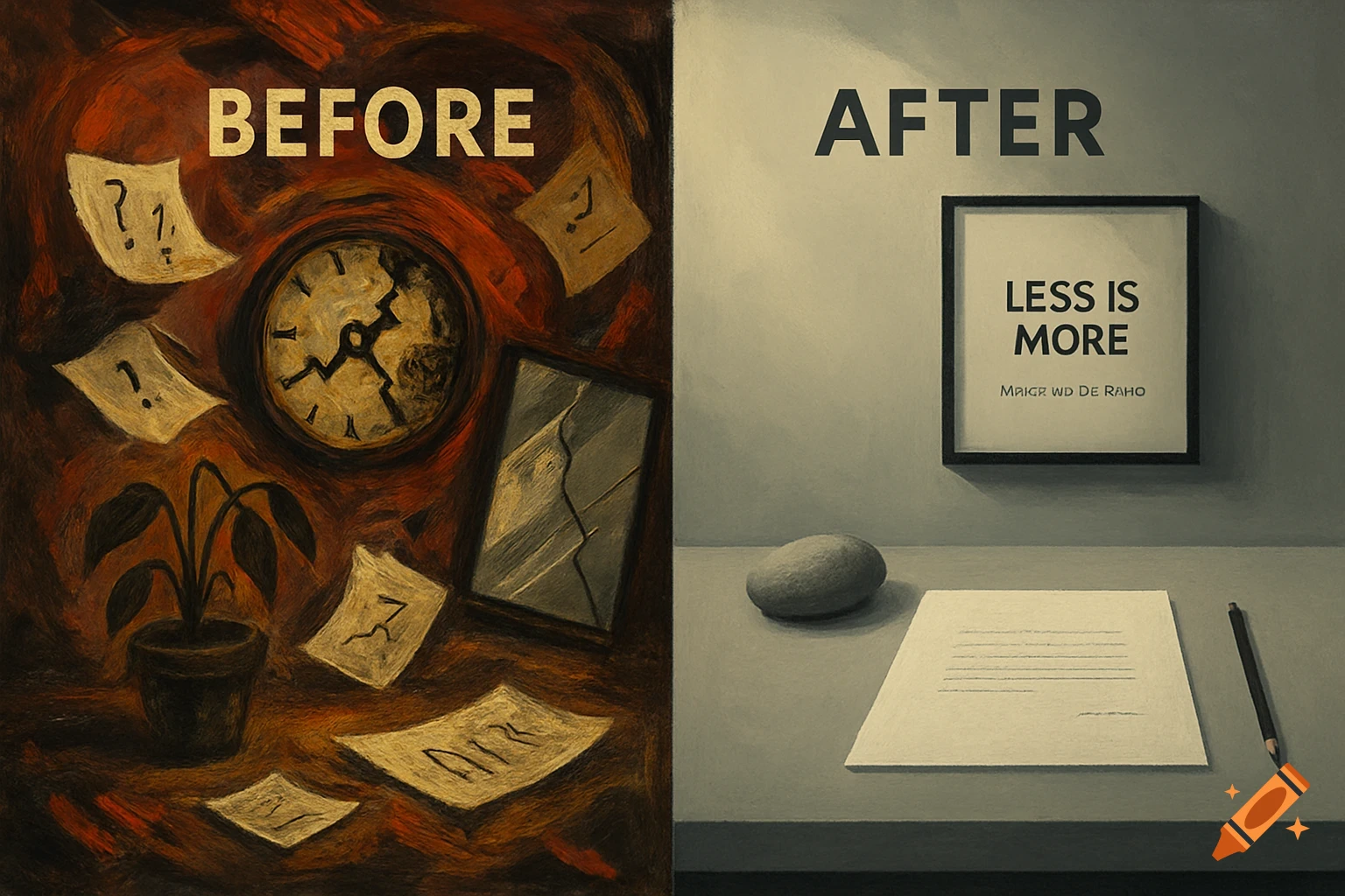 A split image contrasting chaos and simplicity. The left 'Before' side is a dark, chaotic scene with a broken clock, papers, and wilting plant. The right 'After' side is a minimalist Zen workspace with a framed 'Less is more' quote, a stone, and a pencil.