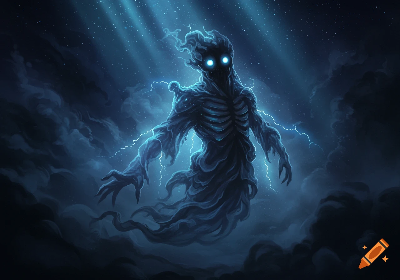 A stylized ghost monster with glowing blue eyes, skeletal ribs, and flowing form, surrounded by dark clouds and lightning bolts.