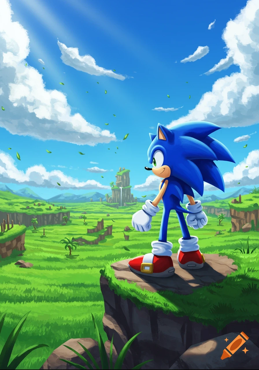 Sonic the Hedgehog stands on a cliff overlooking a vast, vibrant green landscape with a distant waterfall and fluffy clouds.