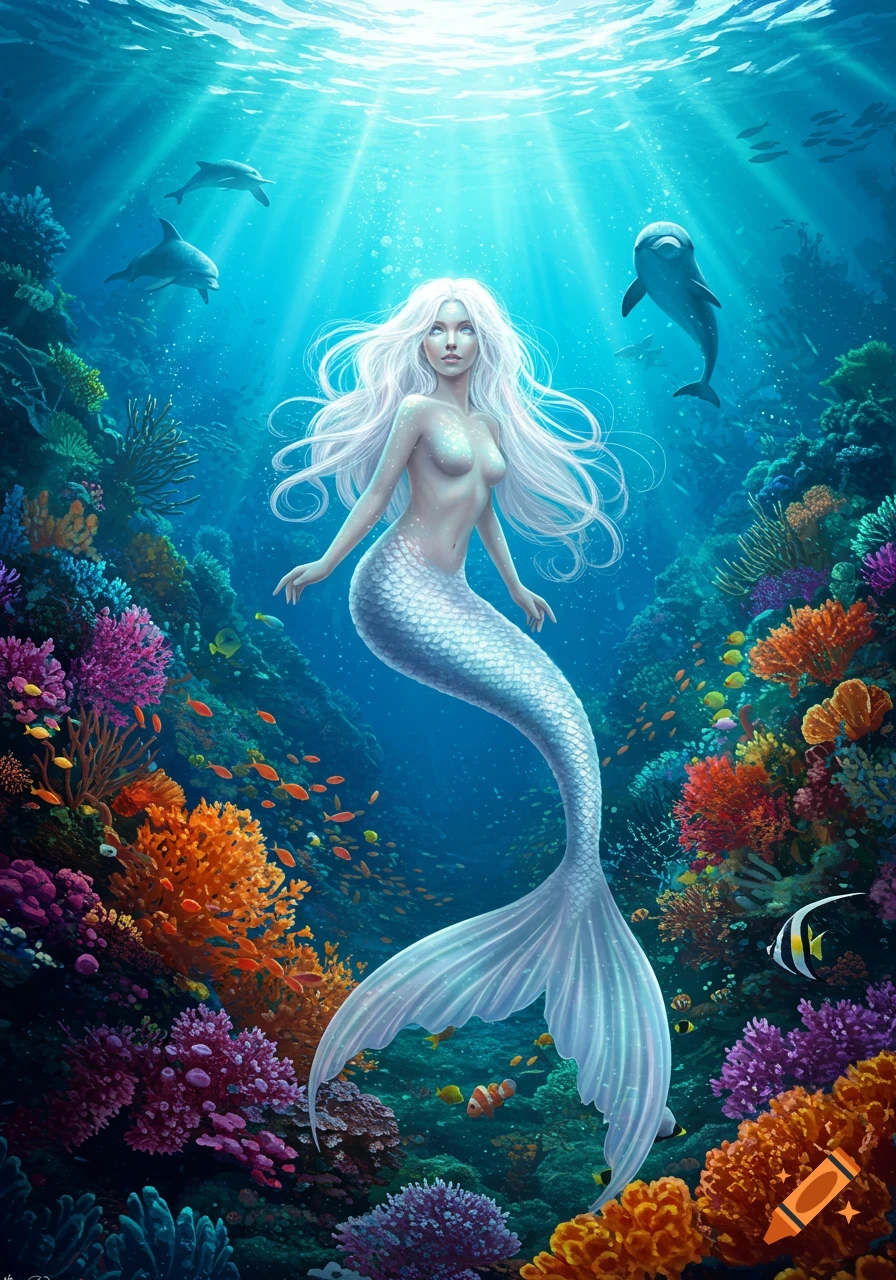 White-haired mermaid with a shimmering tail floats in a vibrant coral reef, with sunlight filtering from above and dolphins swimming nearby.