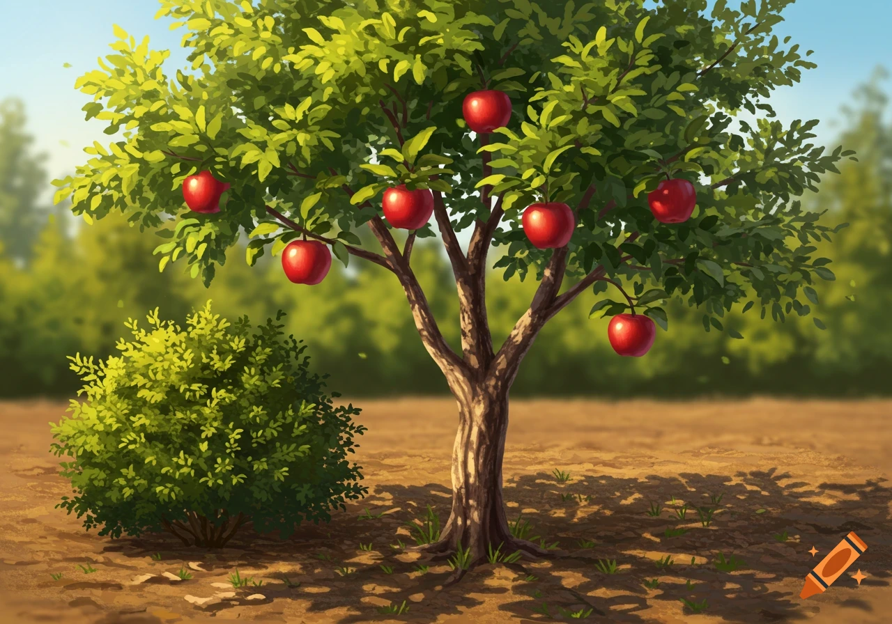 A vibrant digital illustration of an apple tree with several red apples and a green bush in a sunlit field.