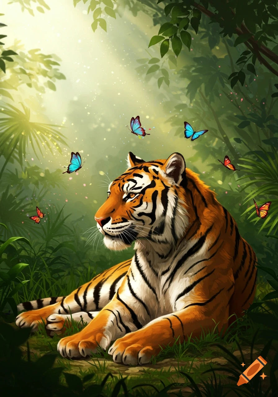 A majestic tiger rests in a sunlit jungle, surrounded by colorful butterflies, in a lush digital painting style.