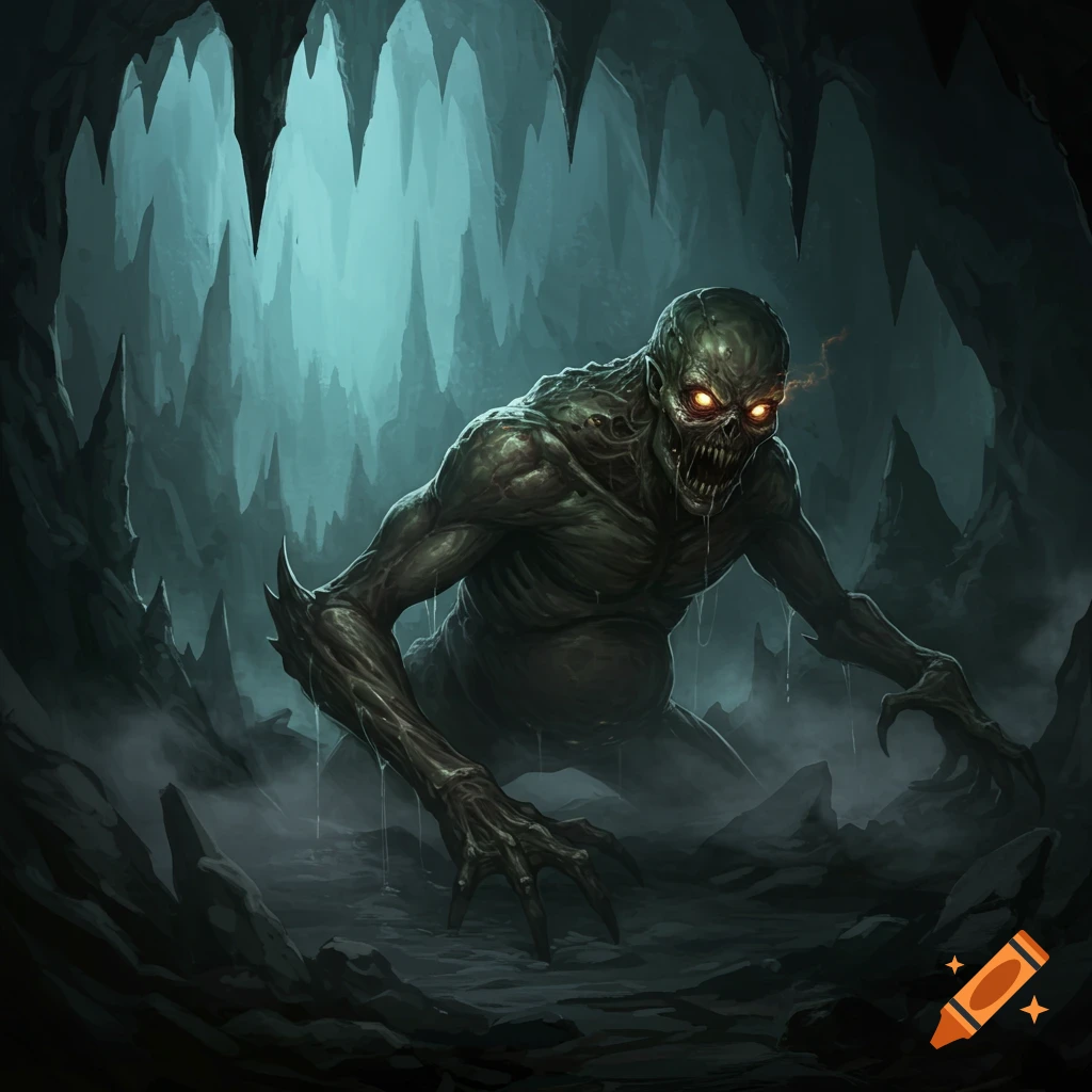 A monstrous creature with greenish skin, glowing orange eyes, and sharp teeth crouches in a dark, misty cave with stalactites.
