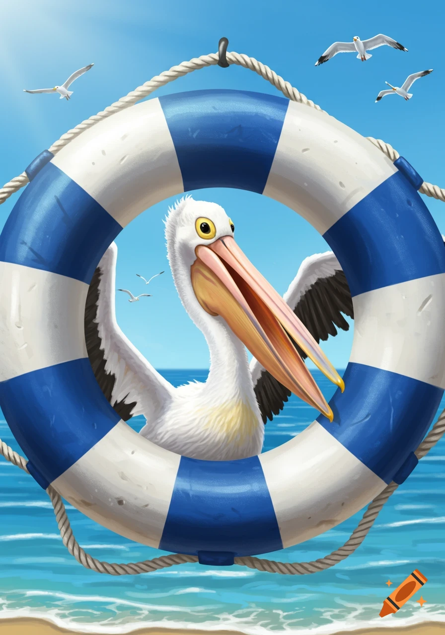 A cartoon-style white pelican peeks through a blue and white lifebuoy on a sunny beach with seagulls flying above the ocean.