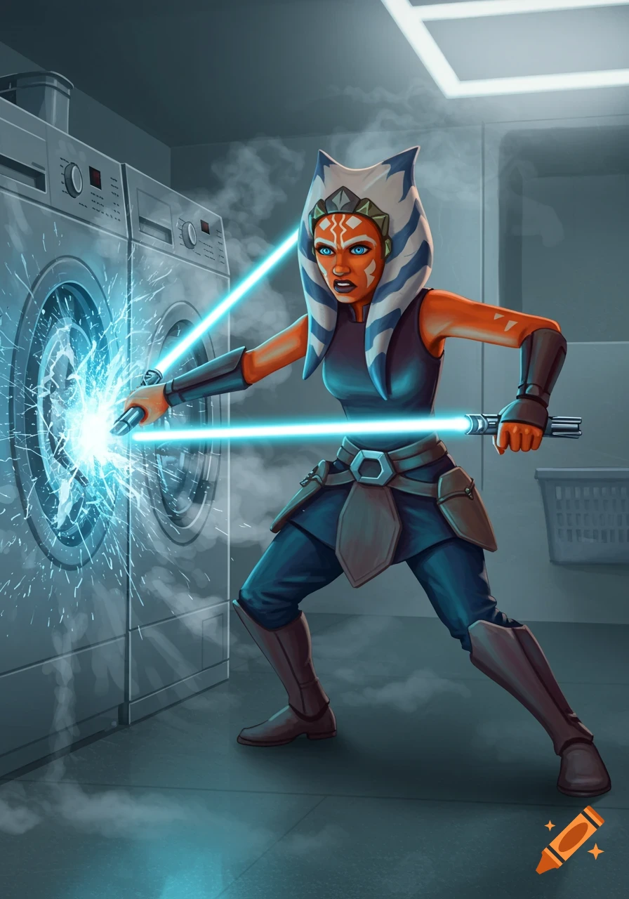 An illustration of Ahsoka Tano using two lightsabers to destroy a washing machine in a laundry room.