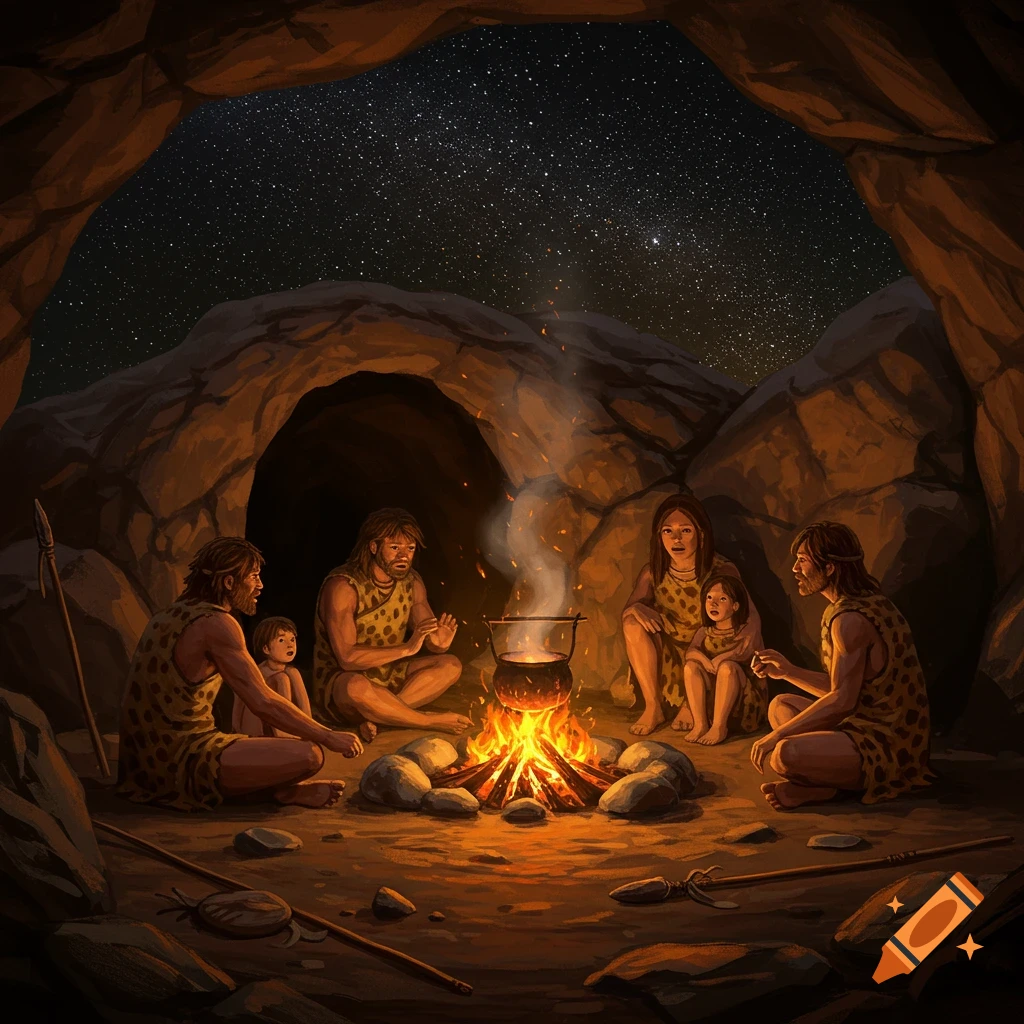 A prehistoric family sits around a campfire inside a cave under a starry night sky, an illustration.