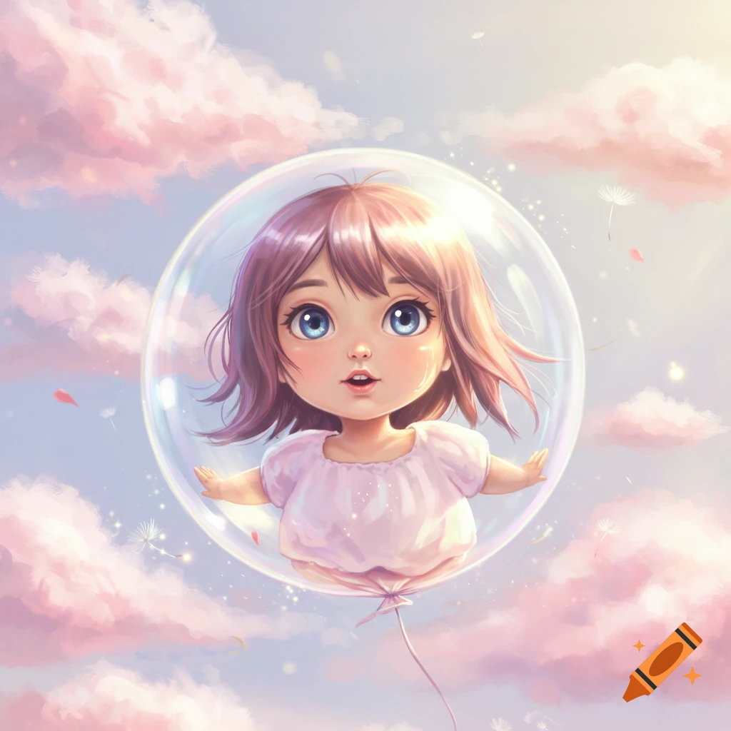 A cute, big-eyed cartoon girl with pink hair floats in a transparent bubble balloon amidst pastel pink clouds and blue sky in an illustration style.