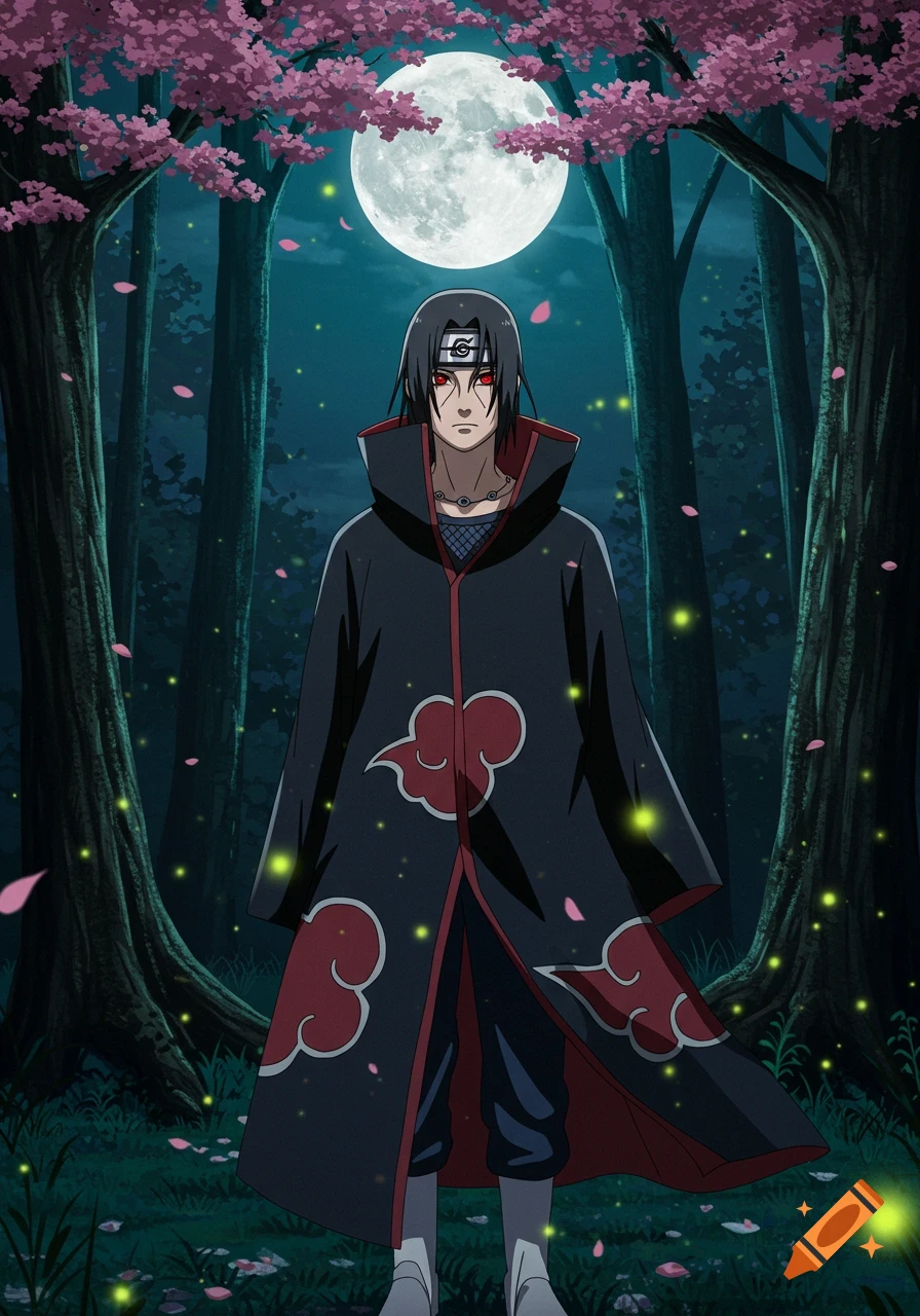 Anime character Itachi Uchiha in a black cloak with red clouds stands in a moonlit forest with cherry blossoms and fireflies.