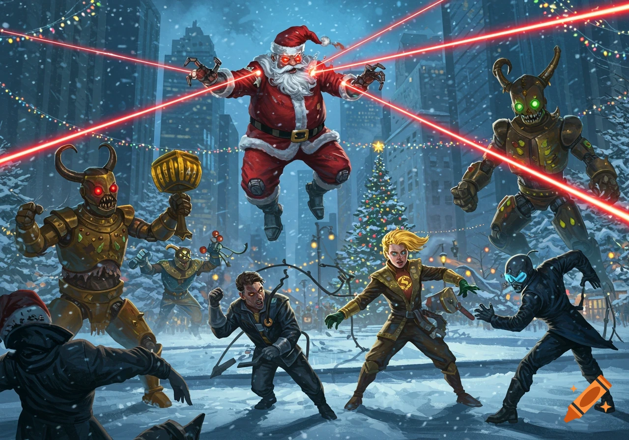 Robot Santa blasts lasers while battling heroes and other monsters in a snowy, decorated city.