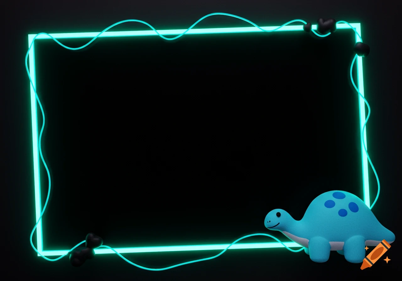 A blue cartoon brachiosaurus next to a glowing teal neon frame on a black background.