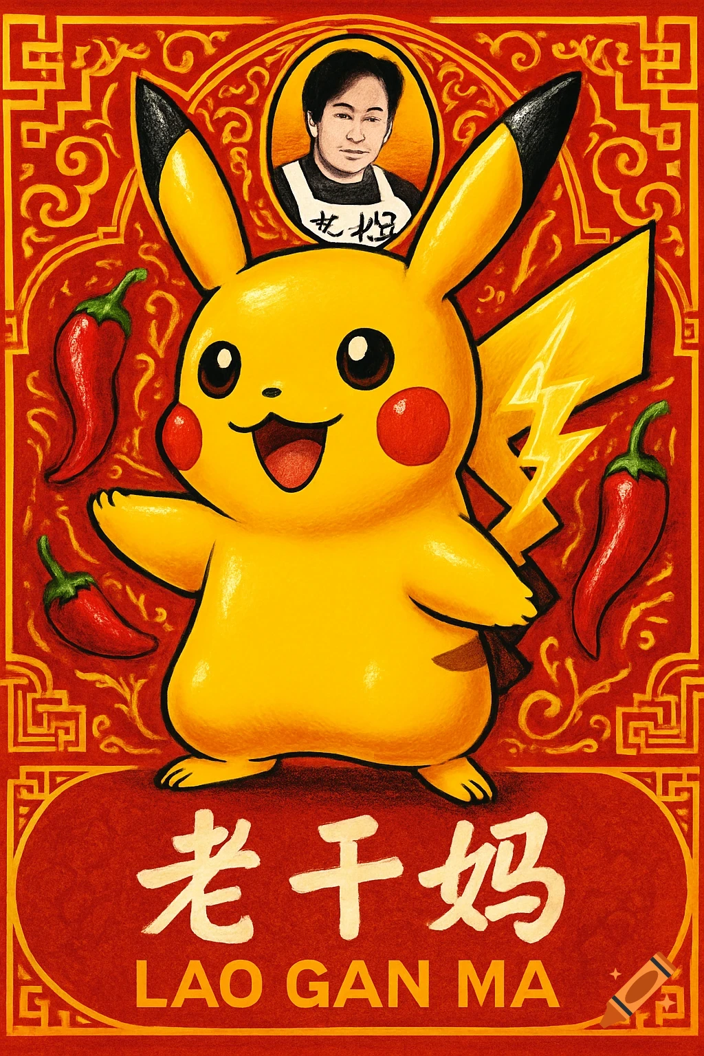 Cartoon Pikachu on a red chili crisp label background with peppers and a man's portrait, text reads Lao Gan Ma.