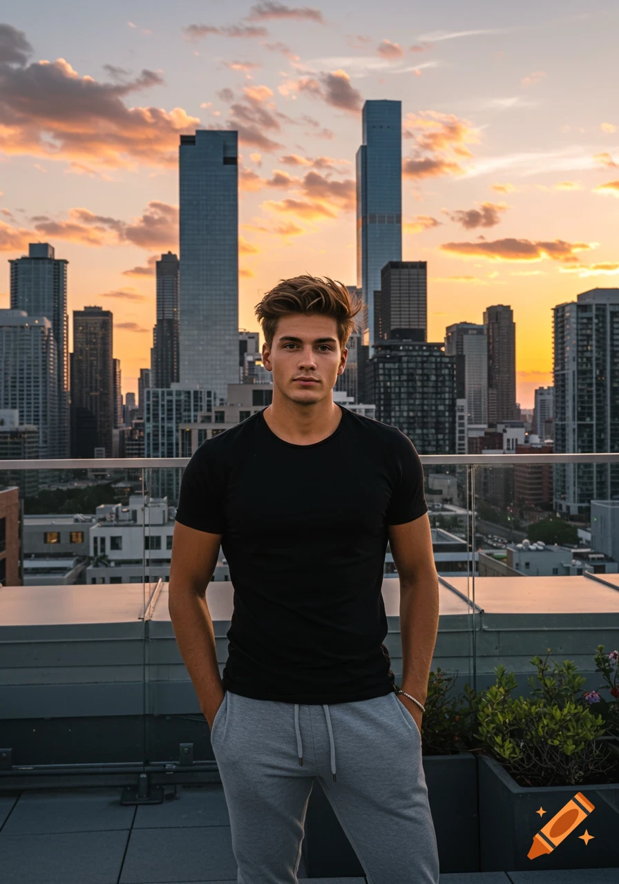 A photorealistic image of a man in a black t-shirt and grey sweatpants standing on a rooftop with a city skyline at sunset.