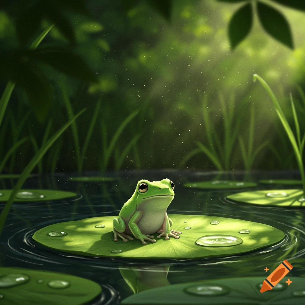 A cute green frog sits on a lily pad with water droplets in a sunlit pond surrounded by lush green foliage.
