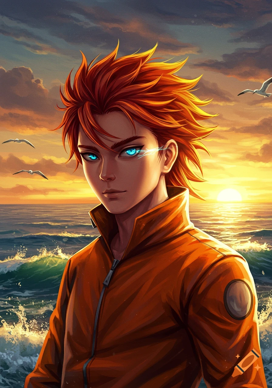 An anime man with spiky orange hair and glowing blue eyes in an orange jacket stands by the ocean at sunset.