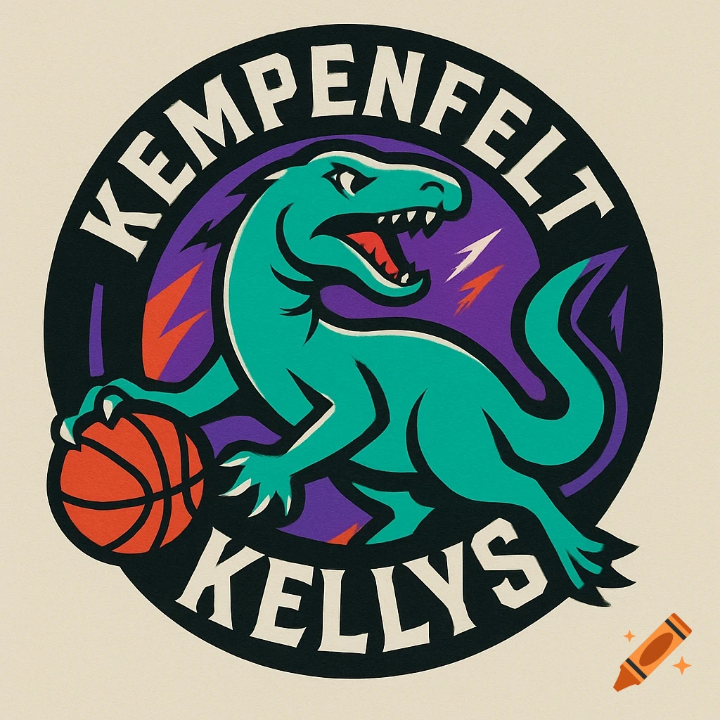 A vintage-style sports logo featuring a teal dinosaur dribbling a basketball, with 'KEMPENFELT' above and 'KELLYS' below.