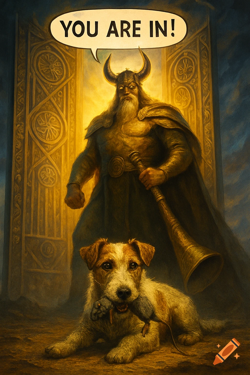 A mighty bearded Heimdall with horned helmet stands at glowing Valhalla gates as a Jack Russell terrier holds a dead mouse.