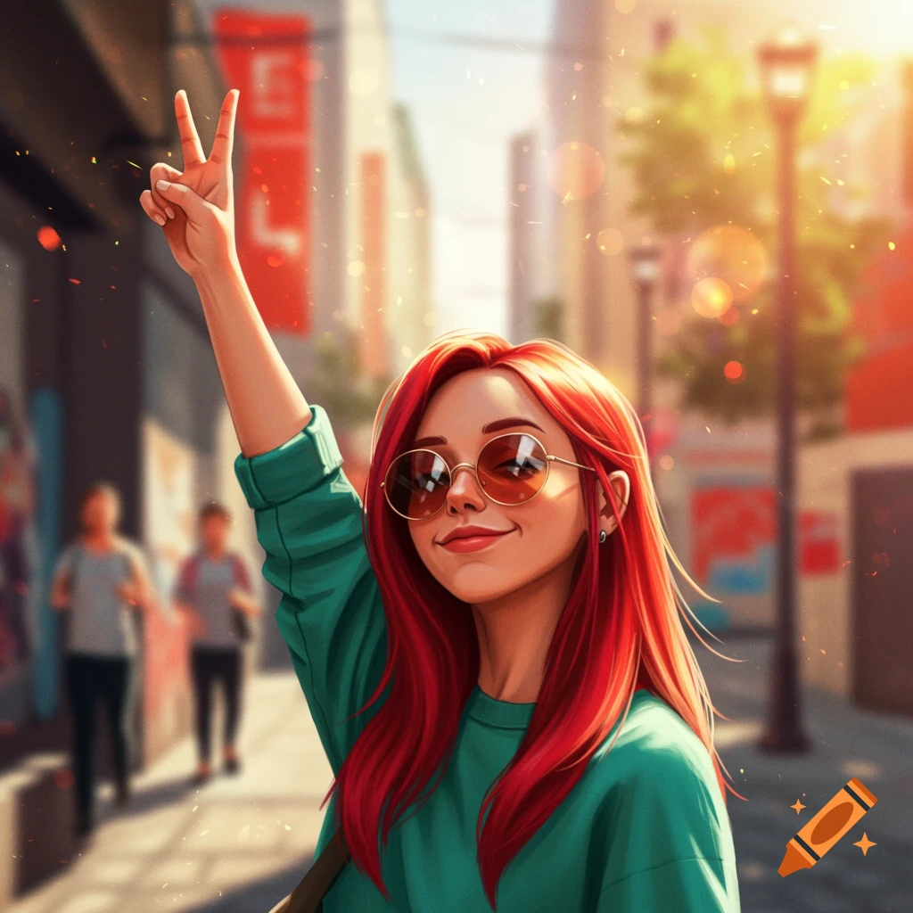 A smiling young woman with long red hair and sunglasses makes a peace sign on a sunny city street in a stylized digital art style.