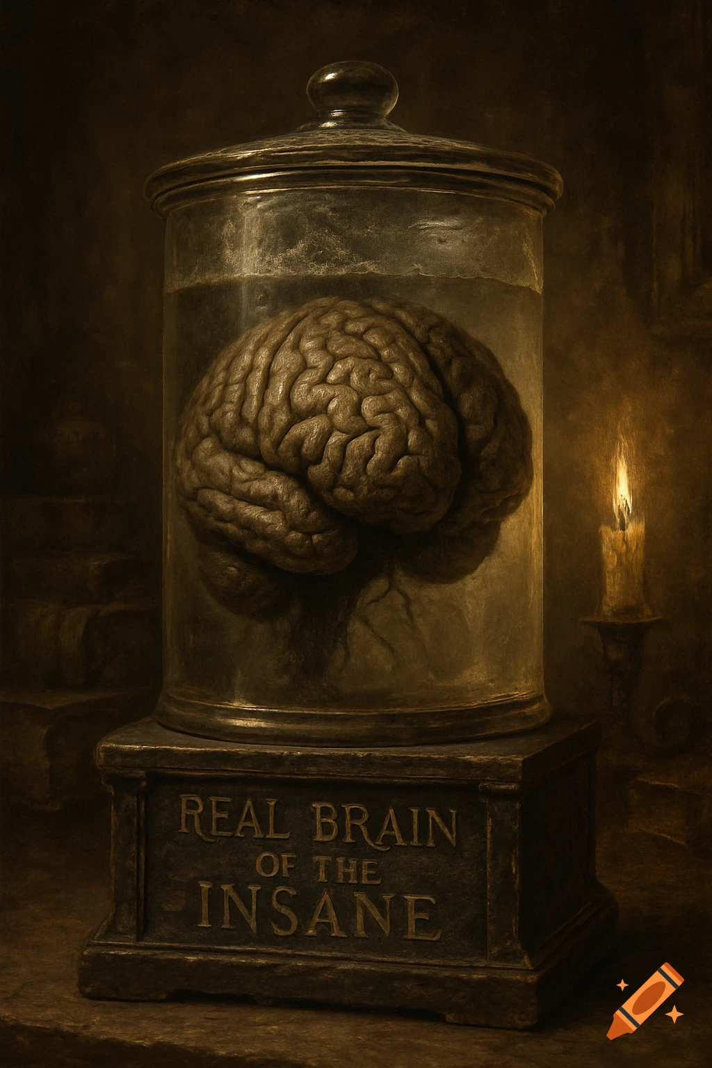 A preserved human brain in a tall glass jar on a dark wooden base inscribed 'REAL BRAIN OF THE INSANE', illuminated by a flickering candle in a gloomy, vintage style.